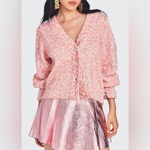 Love Shack Fancy Boscom Cardigan Pink Leopard Print Size Extra Small